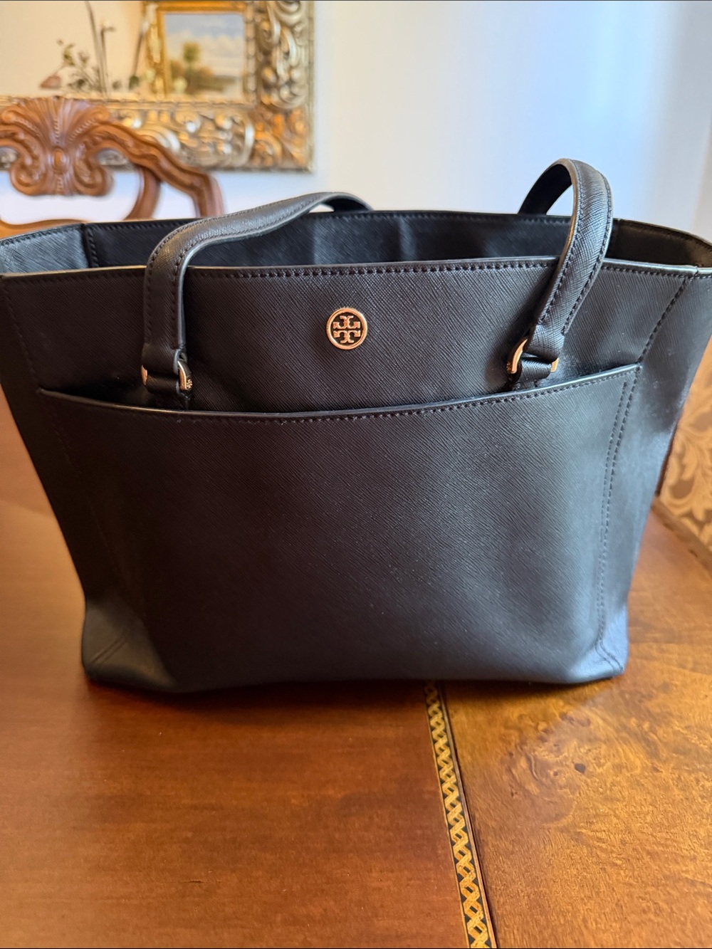 Tory Burch Black Saffiano Tote with Gold Logo Accent